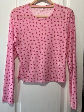 Pink Sheer Long Sleeve Top with Red Heart Print